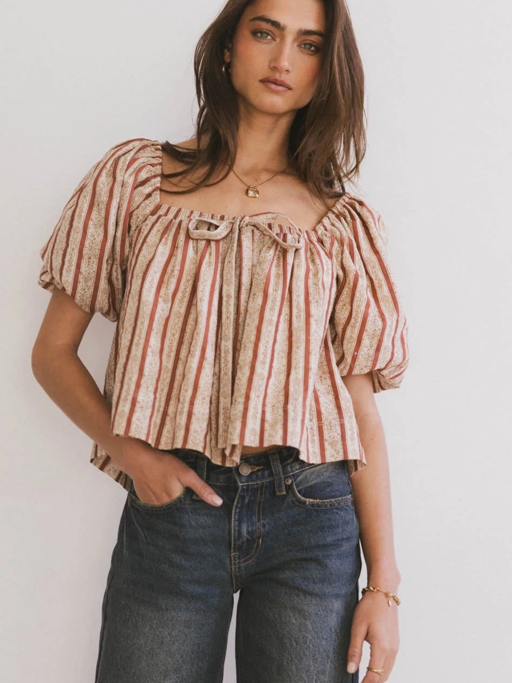 AUREUM Striped Floral Puff Sleeve Blouse Square Neck Cottagecore Boho Top Size L